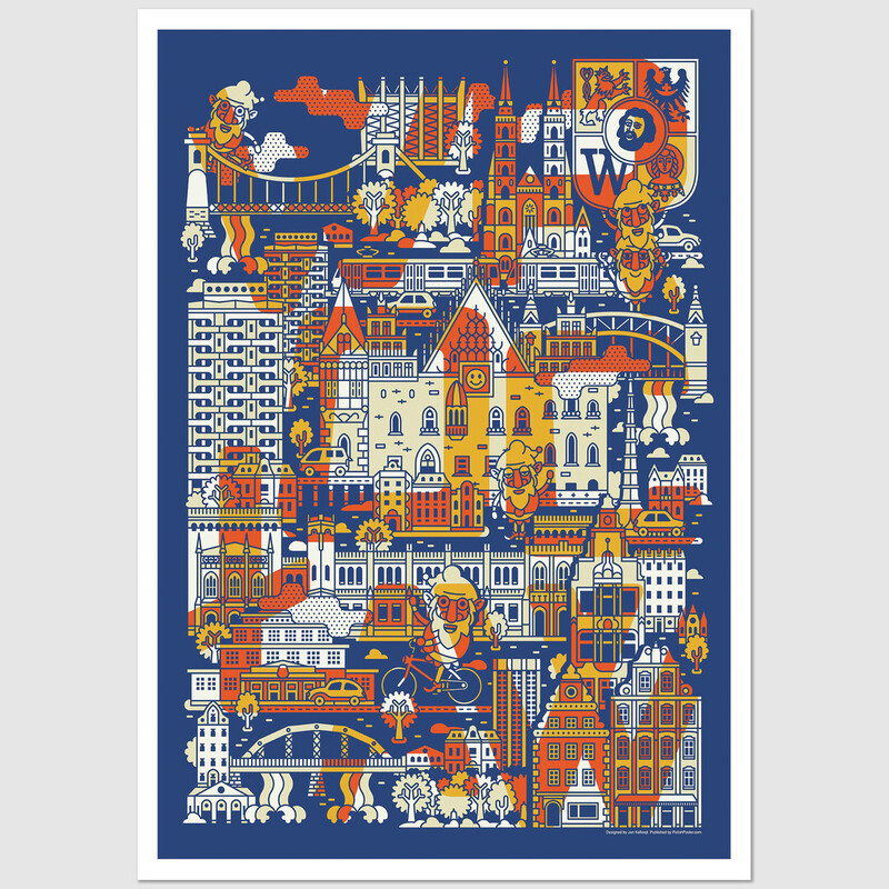 Wrocław: Panorama with Gnomes, postcard by Jan Kallwejt