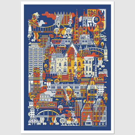 Wrocław: Panorama with Gnomes, postcard by Jan Kallwejt