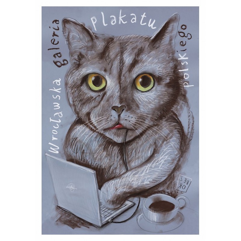 Galeria plakatu: kot z laptopem, pocztówka, Leszek Żebrowski