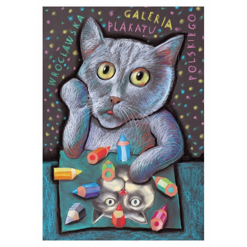 Galeria plakatu: kot z kredkami, pocztówka, Leszek Żebrowski