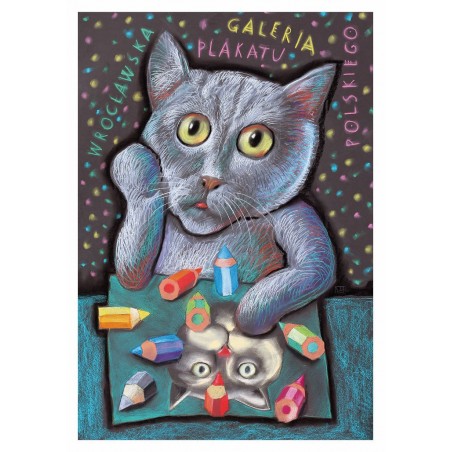 Poster gallery: cat with crayons, postcard by Leszek Żebrowski