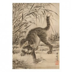 Cat Catching a Frog, postcard by Kawanabe Kyosai