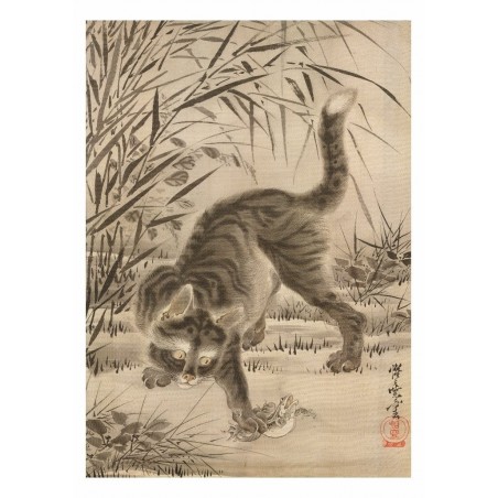 Kot Łapiący Żabę, pocztówka, Kawanabe Kyosai
