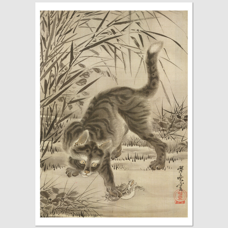 Cat Catching a Frog, postcard by Kawanabe Kyosai