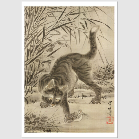 Cat Catching a Frog, postcard by Kawanabe Kyosai